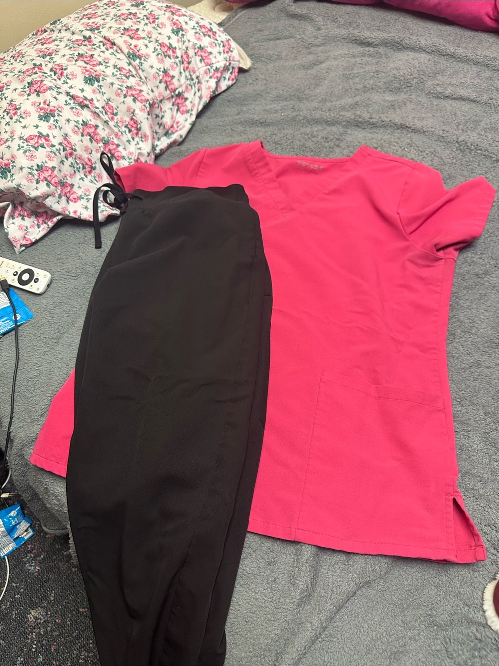 Bright Pink V-Neck Scrub Top with Black Drawstring Pants